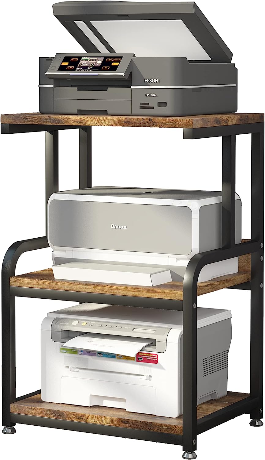 HOUYISHEYUE Home Printer Stand Vintage Printer Stand with 3 Tier Wood Storage Shelves Multi-Purpose Desk Organizer for Fax Machine, Scanner, Files, Books with Adjustable Anti-Skid Feet (Brown) - Image 8